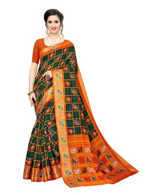Green Printed Chanderi Silk Saree With Blouse 1