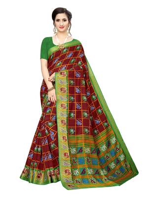 Maroon Printed Chanderi Silk Saree With Blouse 1