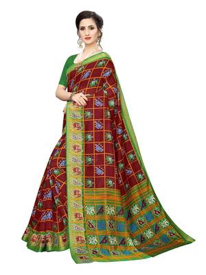 Maroon Printed Chanderi Silk Saree With Blouse 2