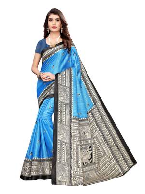 Blue Printed Khadi Saree With Blouse 1
