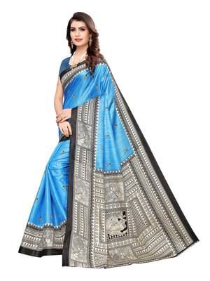 Blue Printed Khadi Saree With Blouse 2