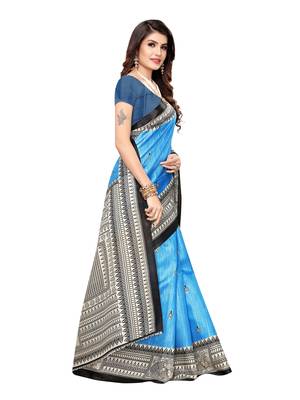 Blue Printed Khadi Saree With Blouse 3