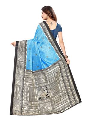 Blue Printed Khadi Saree With Blouse 4