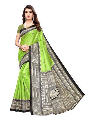 Green Printed Khadi Saree With Blouse 1
