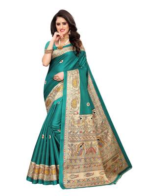 Teal Printed Khadi Saree With Blouse 1