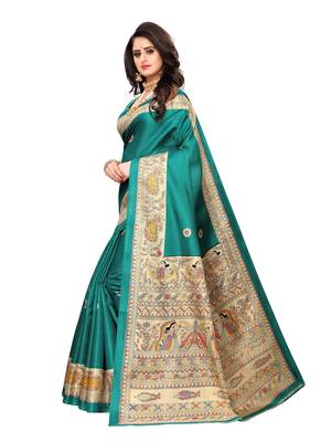 Teal Printed Khadi Saree With Blouse 2