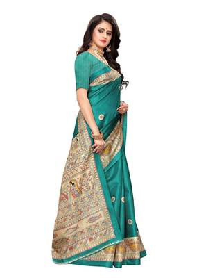 Teal Printed Khadi Saree With Blouse 3