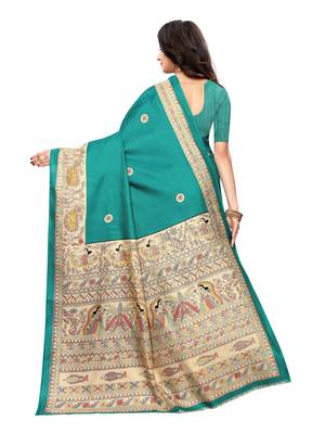 Teal Printed Khadi Saree With Blouse 4