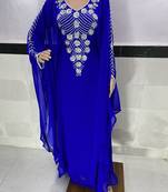 Royal Blue Zari Work Stones & Beads Embellish Georgette Islamic Style Arabian Maxi Partywear Kaftan