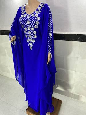 Royal Blue Zari Work Stones & Beads Embellish Georgette Islamic Style Arabian Maxi Partywear Kaftan 2