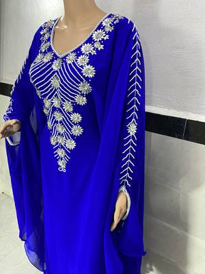 Royal Blue Zari Work Stones & Beads Embellish Georgette Islamic Style Arabian Maxi Partywear Kaftan 3