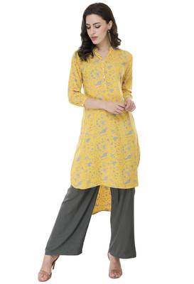 Women Yellow Printed rayon Straight Kurti  1
