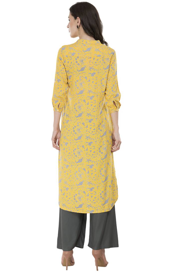 Women Yellow Printed rayon Straight Kurti 