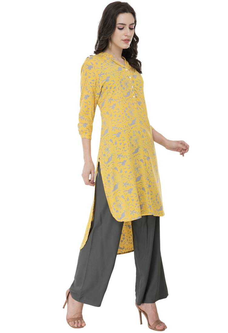 Women Yellow Printed rayon Straight Kurti 