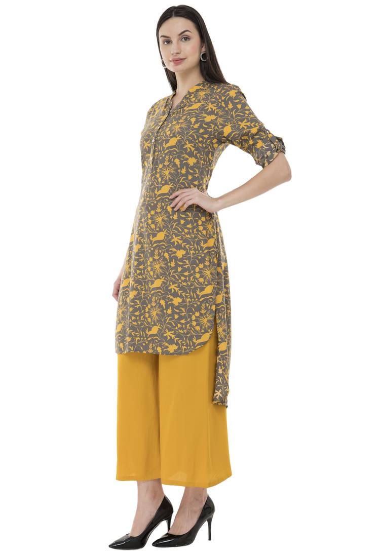 Women Grey Printed rayon Straight Kurti 