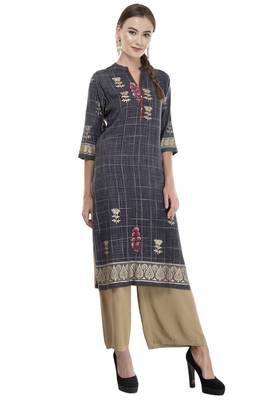 Women Grey Printed Straight Kurti  1