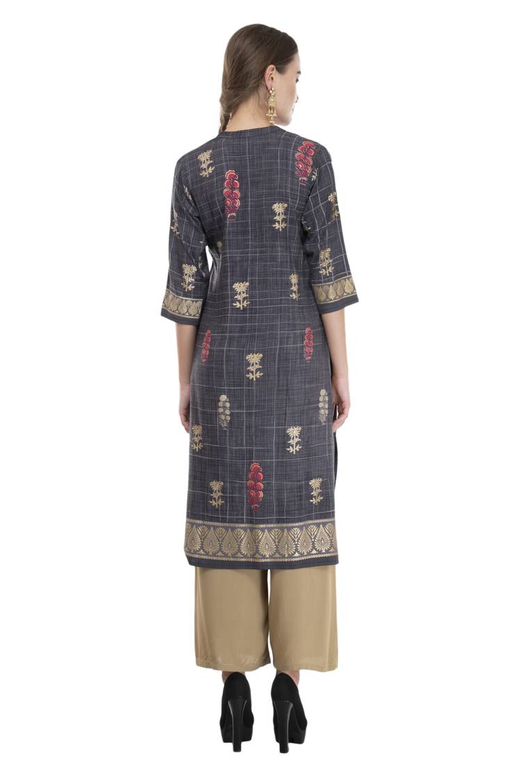 Women Grey Printed Straight Kurti 