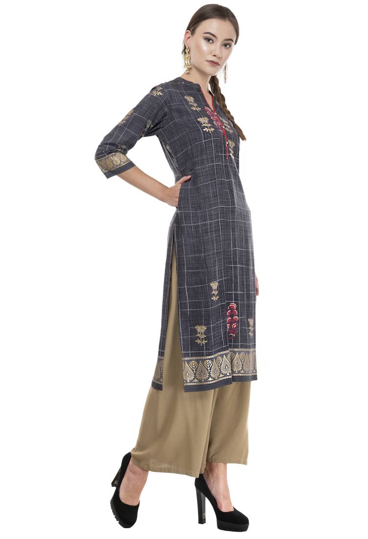 Women Grey Printed Straight Kurti 