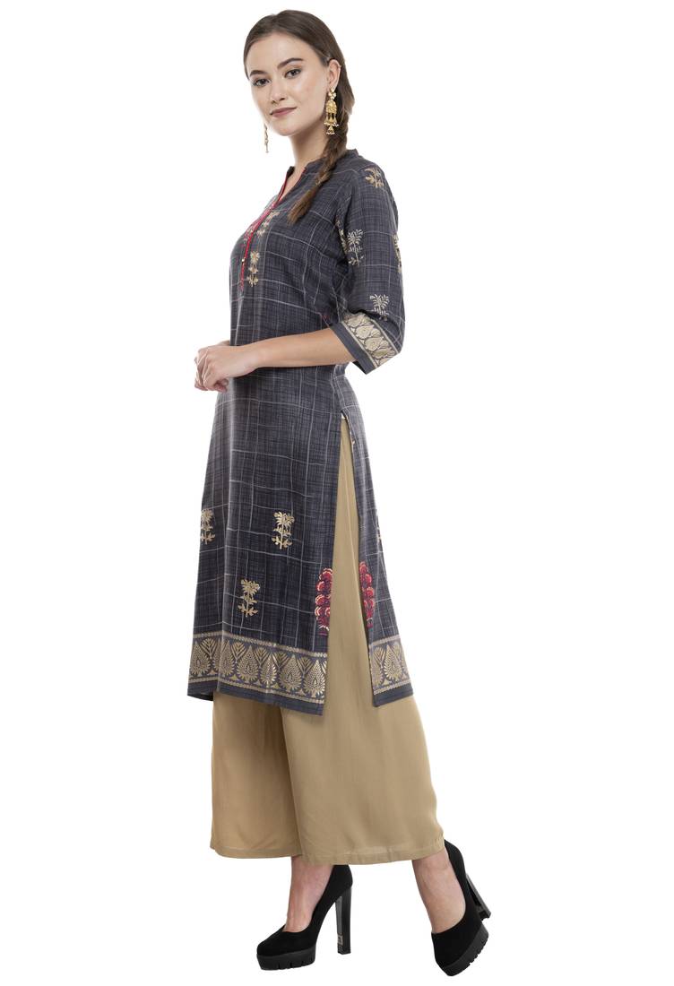 Women Grey Printed Straight Kurti 