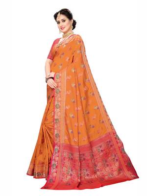 Orange Woven Poly Silk Saree With Blouse 2