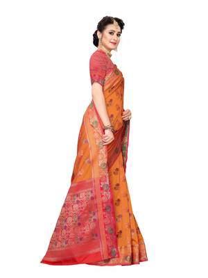 Orange Woven Poly Silk Saree With Blouse 3