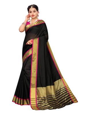 Black Woven Chanderi Saree With Blouse 1