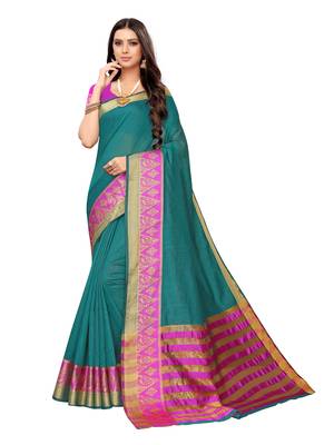 Turquoise Woven Cotton Silk Saree With Blouse 1