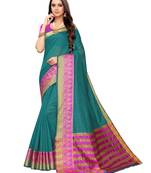 Turquoise Woven Cotton Silk Saree With Blouse