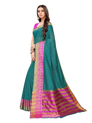 Turquoise Woven Cotton Silk Saree With Blouse 2