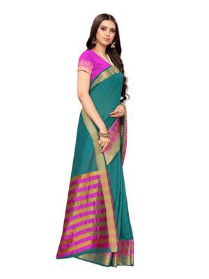 Turquoise Woven Cotton Silk Saree With Blouse 3