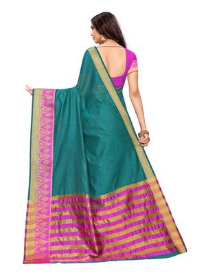 Turquoise Woven Cotton Silk Saree With Blouse 4