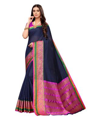 Navy Blue Woven Cotton Silk Saree With Blouse 1