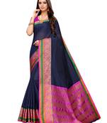 Navy Blue Woven Cotton Silk Saree With Blouse