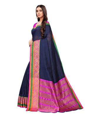 Navy Blue Woven Cotton Silk Saree With Blouse 2