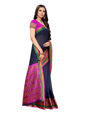 Navy Blue Woven Cotton Silk Saree With Blouse 3
