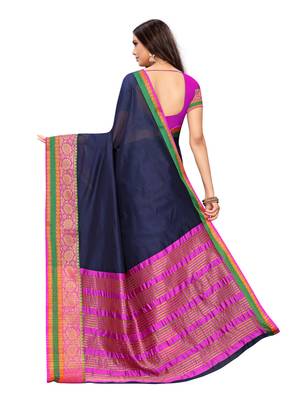 Navy Blue Woven Cotton Silk Saree With Blouse 4
