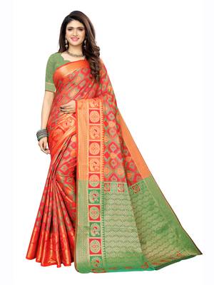 Pink woven poly silk saree with blouse 1