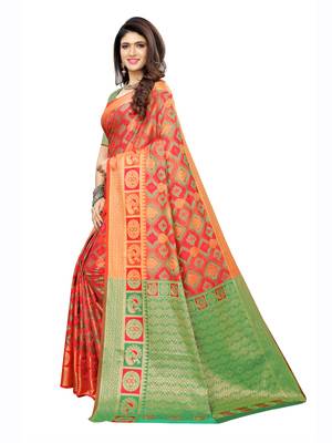 Pink woven poly silk saree with blouse 2