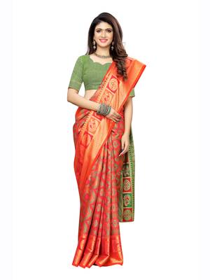 Pink woven poly silk saree with blouse 3