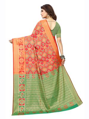 Pink woven poly silk saree with blouse 4