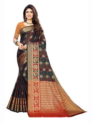 Navy Blue Woven Poly Silk Saree With Blouse 1