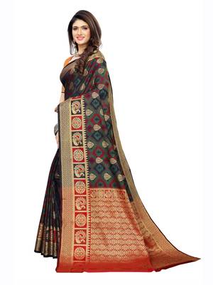 Navy Blue Woven Poly Silk Saree With Blouse 2