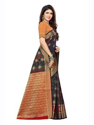 Navy Blue Woven Poly Silk Saree With Blouse 3