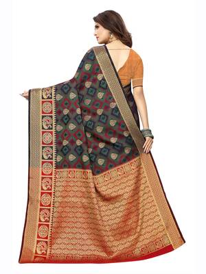 Navy Blue Woven Poly Silk Saree With Blouse 4