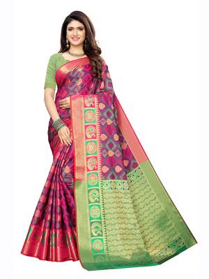 Pink woven poly silk saree with blouse 1