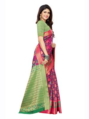 Pink woven poly silk saree with blouse 3