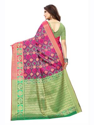 Pink woven poly silk saree with blouse 4