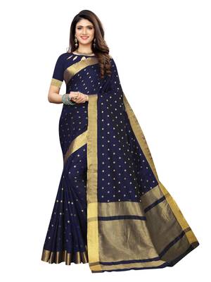 Navy Blue Woven Chanderi Silk Saree With Blouse 1