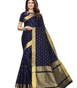Navy Blue Woven Chanderi Silk Saree With Blouse