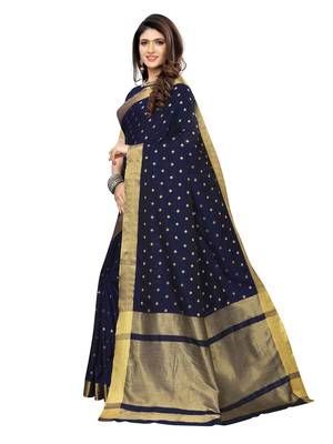 Navy Blue Woven Chanderi Silk Saree With Blouse 2